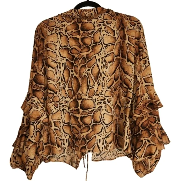 NWT Zara Animal Print Lace Up Front Ruffle Top Size L Long Sleeves Black/Brown - Picture 3 of 16